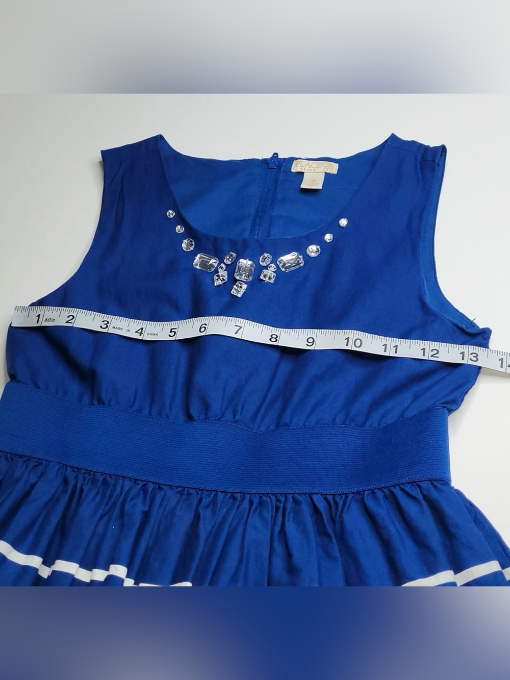 Girls The Children’s Place Striped Dress Navy Blue White Rhinestone Size 10 - Picture 7 of 10